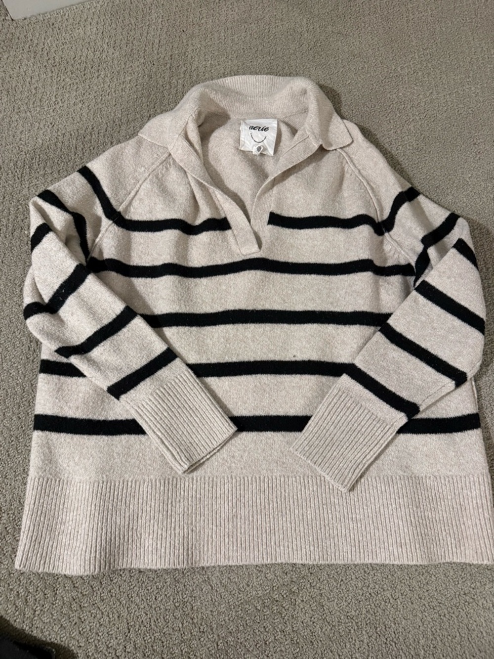aerie Cream Pullover with Black Stripes